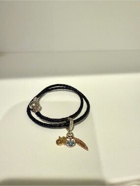 Pandora Black Leather Wrap Bracelet with Gold Charms